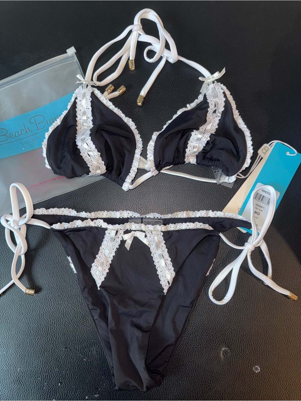 Beach Bunny Black And White Lace Trim Triangle Bikini